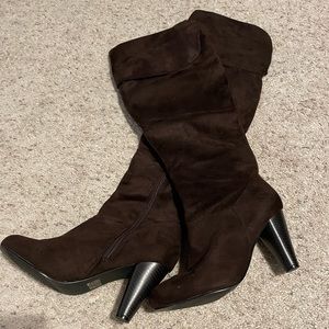 Venus Brown Faux Suede high calf boots with 3 1/2 inch heel